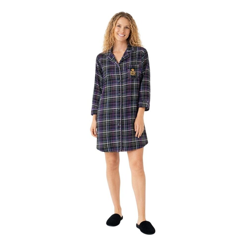2/$30 Ralph Lauren Womens M Purple Plaid Nightshirt Embroidered Logo 100% Cotton
